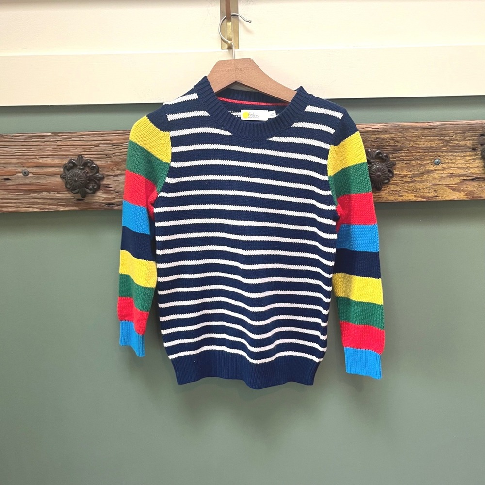 Boden Kids Rainbow Stripe Knit Sweater Navy Blue White Multi B1654 Size 6-7Y